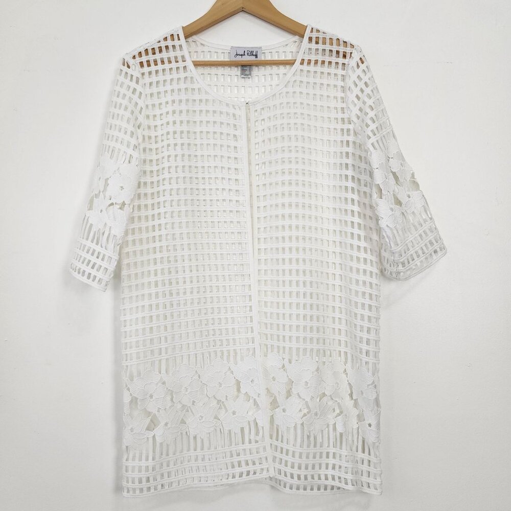 Joseph Ribkoff Womens 14 Open Grid & Floral Lace Cardigan Jacket Length Blouse